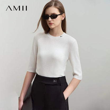 Damen-Strickpullover mit Rundhalsausschnitt, offwhite, 3/4-Ärmel, feine Rippenstruktur