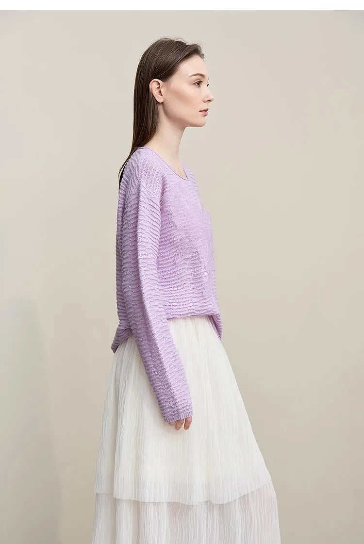 Damen-Strickpullover fliederfarben, Rundhalsausschnitt, feines Strickmuster, lange Ärmel