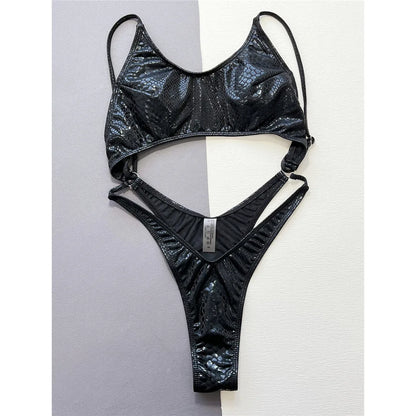 Damen-Badeanzug Schlangenhaut Cut-Out Micro-Tanga High-Leg