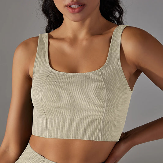 Nahtloser Sport-BH mit breitem Träger, atmungsaktivem Mesh, beige
