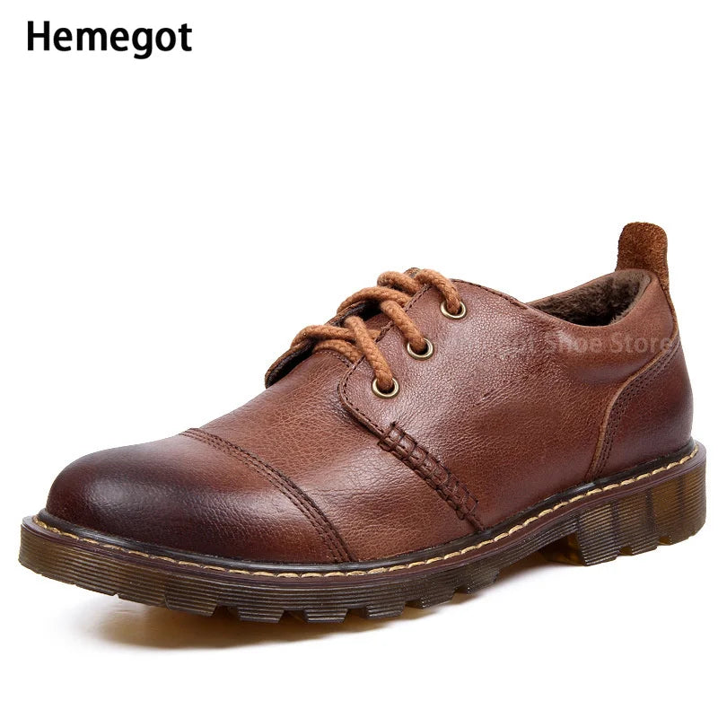 Brown Low-Top Casual Shoes Men's Leather Autumn and Winter Vintage Leather Shoes British Style Work Shoes Winter Warm Shoes