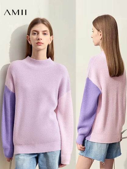 Pullover mit Rundhalsausschnitt, lila Strick, Ärmel in Violett und Farbblock