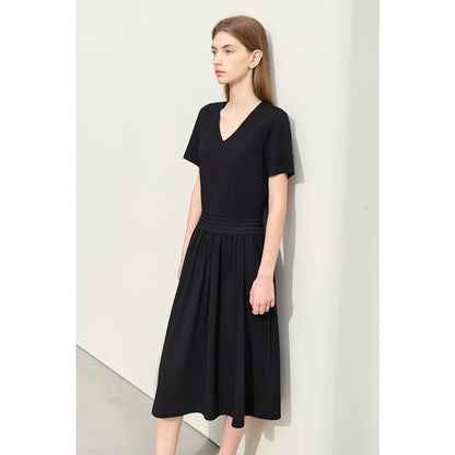 Bequemes Damenkleid Mit V-Ausschnitt Und Elastischer Taille Für Bürodamen