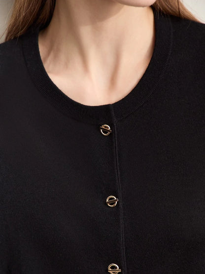 Damen-Strickjacke Rundhals Wolle Metallknopf dünn Büro Herbst