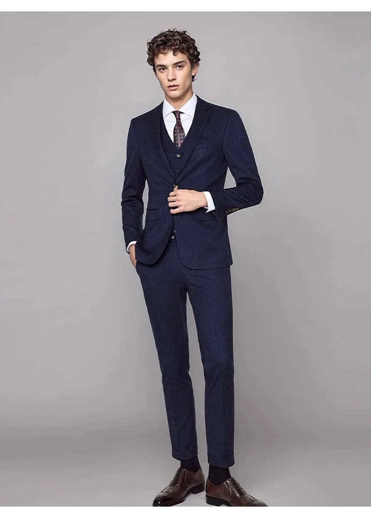 Elegante Herren-Anzughose in Tiefblau mit Streifenmuster – Slim Fit im koreanischen Stil für Büro und Hochzeit, auch in großen Größen erhältlich.