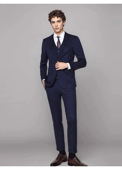 Elegante Herren-Anzughose in Tiefblau mit Streifenmuster – Slim Fit im koreanischen Stil für Büro und Hochzeit, auch in großen Größen erhältlich.
