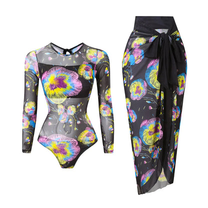 Damen-Badeanzug Blumen Langarm Sarong einteilig gepolstert