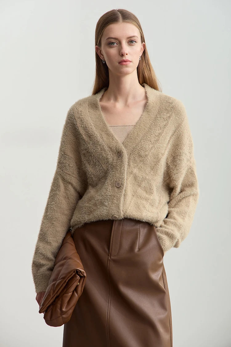 Damen-Strickjacke V-Ausschnitt Nerz-Imitat locker dick Winter