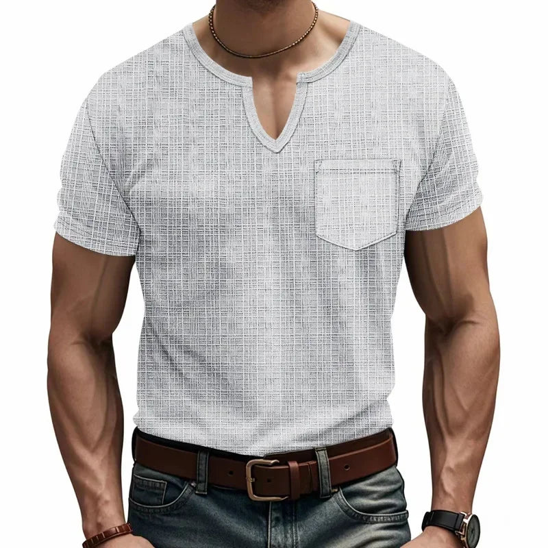 Herren-Casual-Poloshirt mit V-Ausschnitt, Brusttasche und Knopfleiste – vielseitiges, einfarbiges Business-T-Shirt