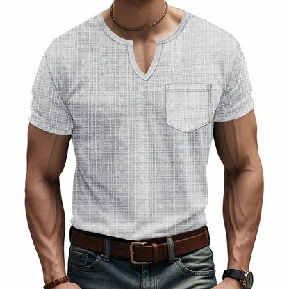 Herren-Casual-Poloshirt mit V-Ausschnitt, Brusttasche und Knopfleiste – vielseitiges, einfarbiges Business-T-Shirt