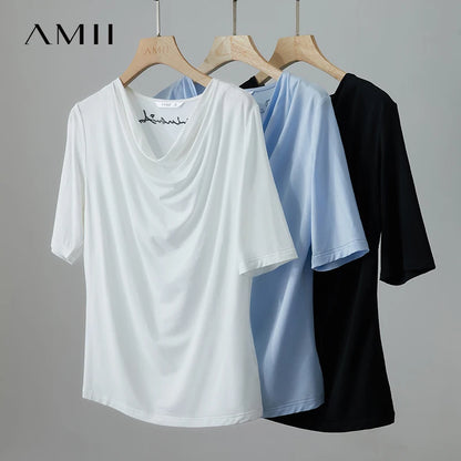 Damen T-Shirt mit drapierter Kragen- und besticktem Design aus modalem Strick