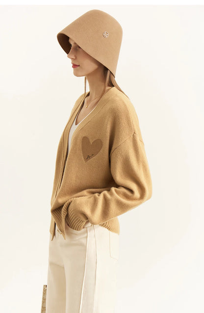 Damen-Strickjacke V-Ausschnitt Wollstickerei locker romantisch Winter