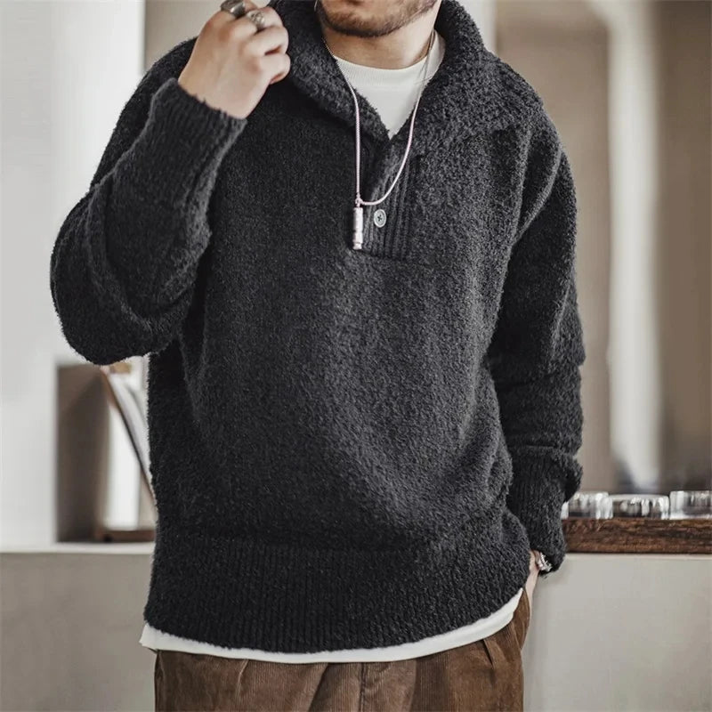 Herren Strickpullover mit Umlegekragen aus schwerem Schlaufengarn für Herbst und Winter