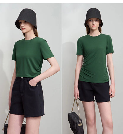 Damen Sommer-T-Shirt im minimalistischen Stil mit schmalem O-Ausschnitt und kurzen Ärmeln