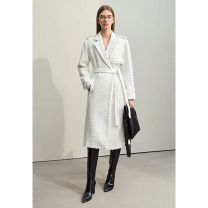 Damen Wollmantel im Winter mit Gürtel und trendigem Tweed-Stil