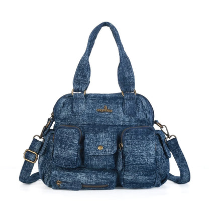Damen-Umhängetasche Denim mit Mehrfachfächern Handyfach für Alltag Freizeit Denim-Look