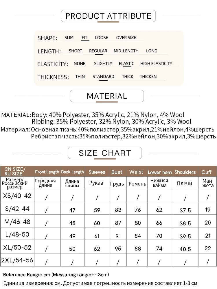 Material- und Größenübersicht mit Polyester, Acryl, Wolle sowie Maßtabelle