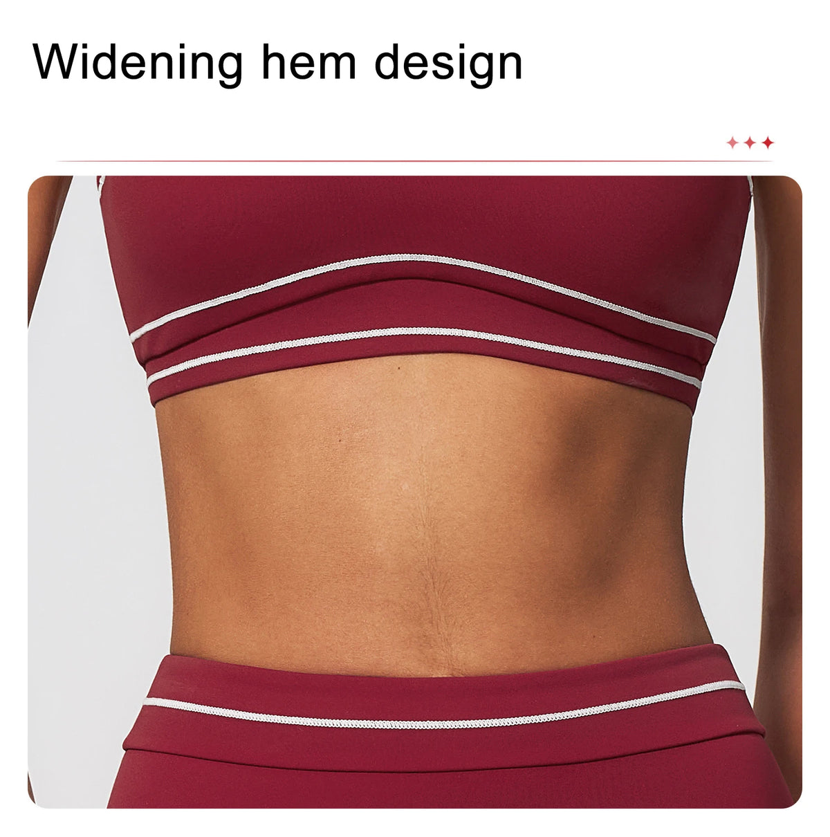 Dunkelroter Yoga-BH mit breitem Bund und Kontrastpaspel am Saum