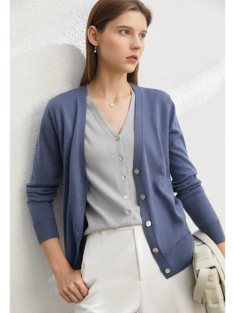 Damen-Strickjacke V-Ausschnitt dünn locker Patchwork Sommer