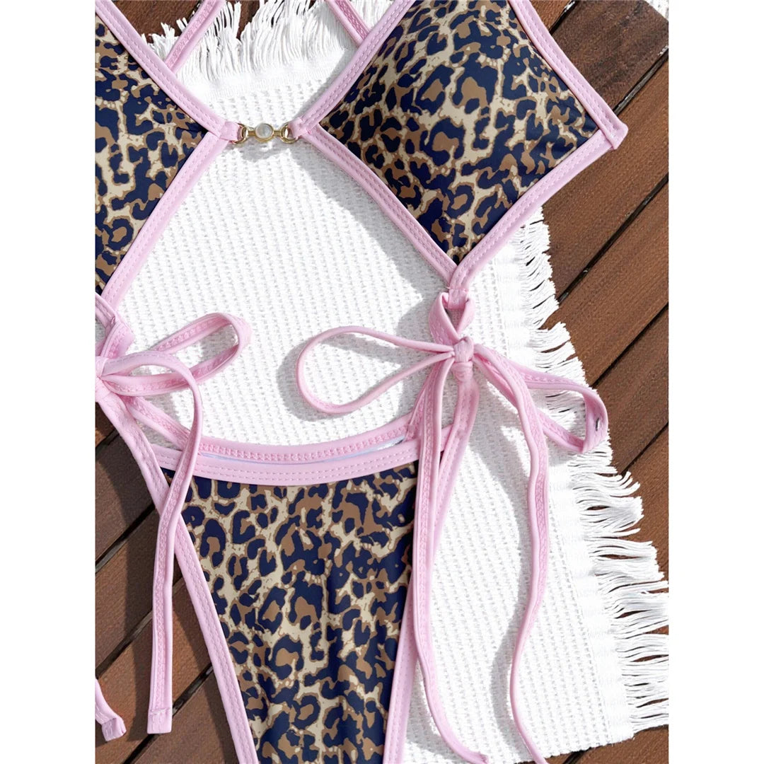 Damen-Badeanzug Leopard Micro-Tanga Weste High-Leg gepolstert