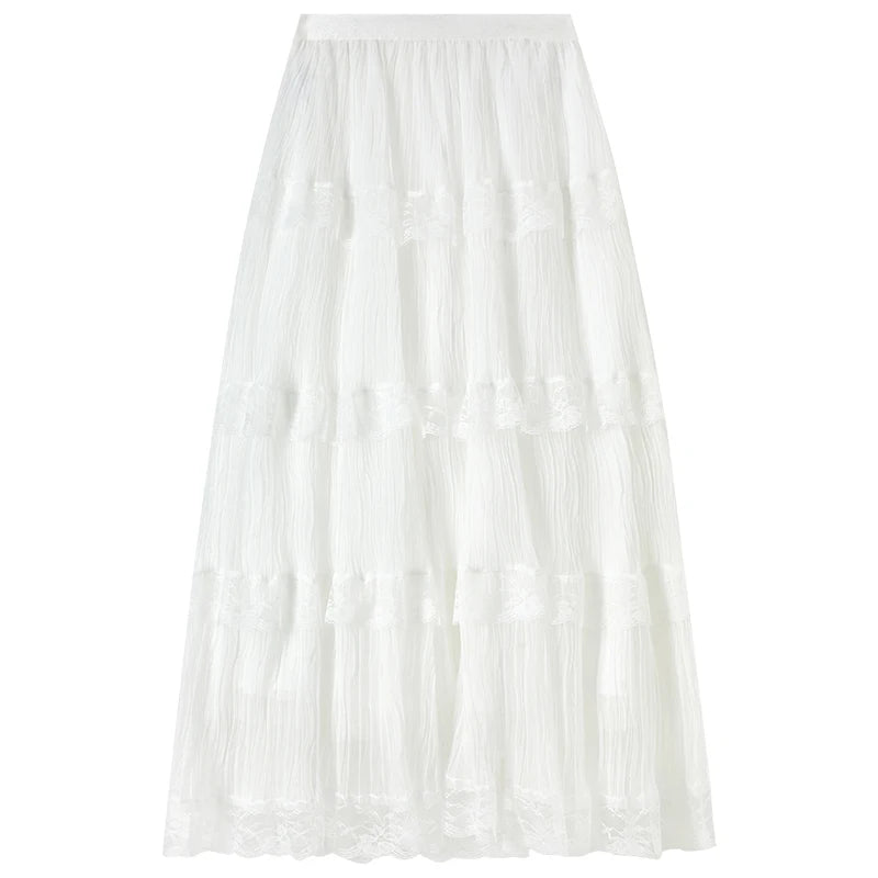 Damen A-Linie Spitzenrock im süßen Stil mit elastischer Taille und Patchwork-Mesh