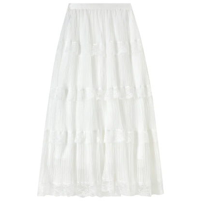 Damen A-Linie Spitzenrock im süßen Stil mit elastischer Taille und Patchwork-Mesh