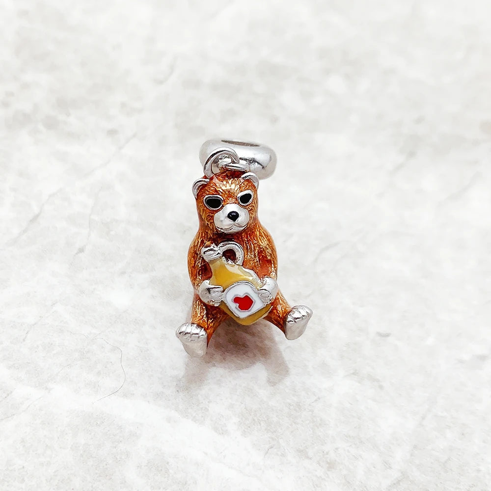 Bär-Charm-Anhänger aus 925 Sterlingsilber, braunes Bärenmotiv mit rotem Herz