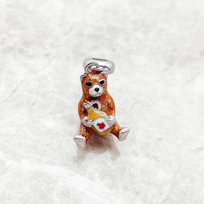 Bär-Charm-Anhänger aus 925 Sterlingsilber, braunes Bärenmotiv mit rotem Herz