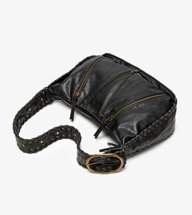 Damen-Hobo-Handtasche Vintage-Stil aus weichem Kunstleder mit geflochtenem Tragegurt und Mehrfach-Reißverschlussfächern