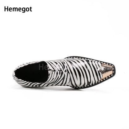 Zebra Stripes Lace-Up Brogue Shoes for Men Iron Toe High-Heeled High-End Men's High-Heeled Leather Shoes Banquet Dress Shoes