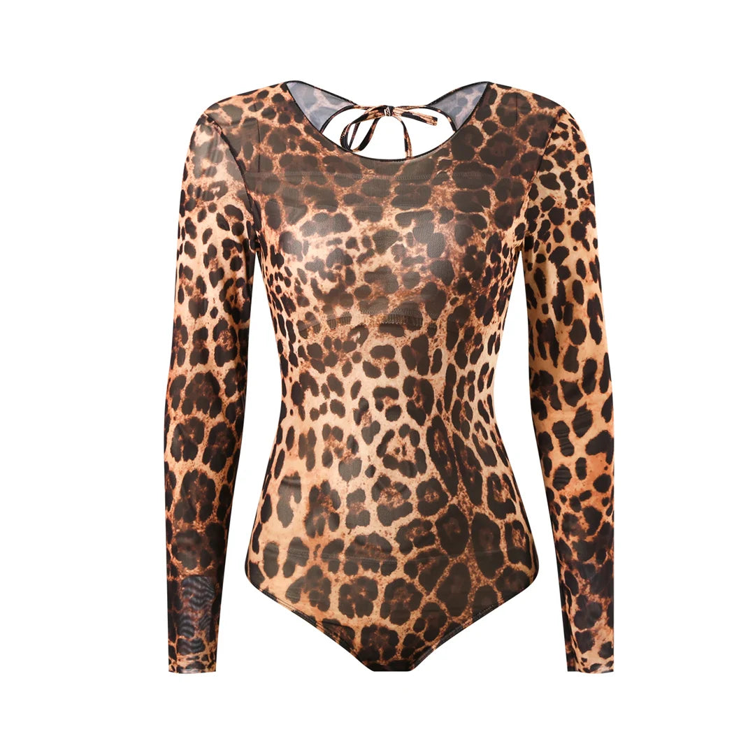 Damen-Badeanzug Leopard Langarm Shorts Set gepolstert einteilig