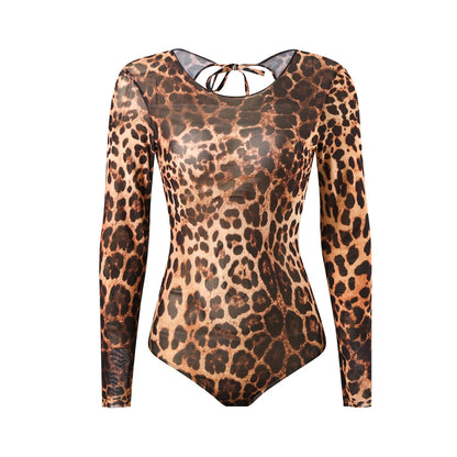 Damen-Badeanzug Leopard Langarm Shorts Set gepolstert einteilig