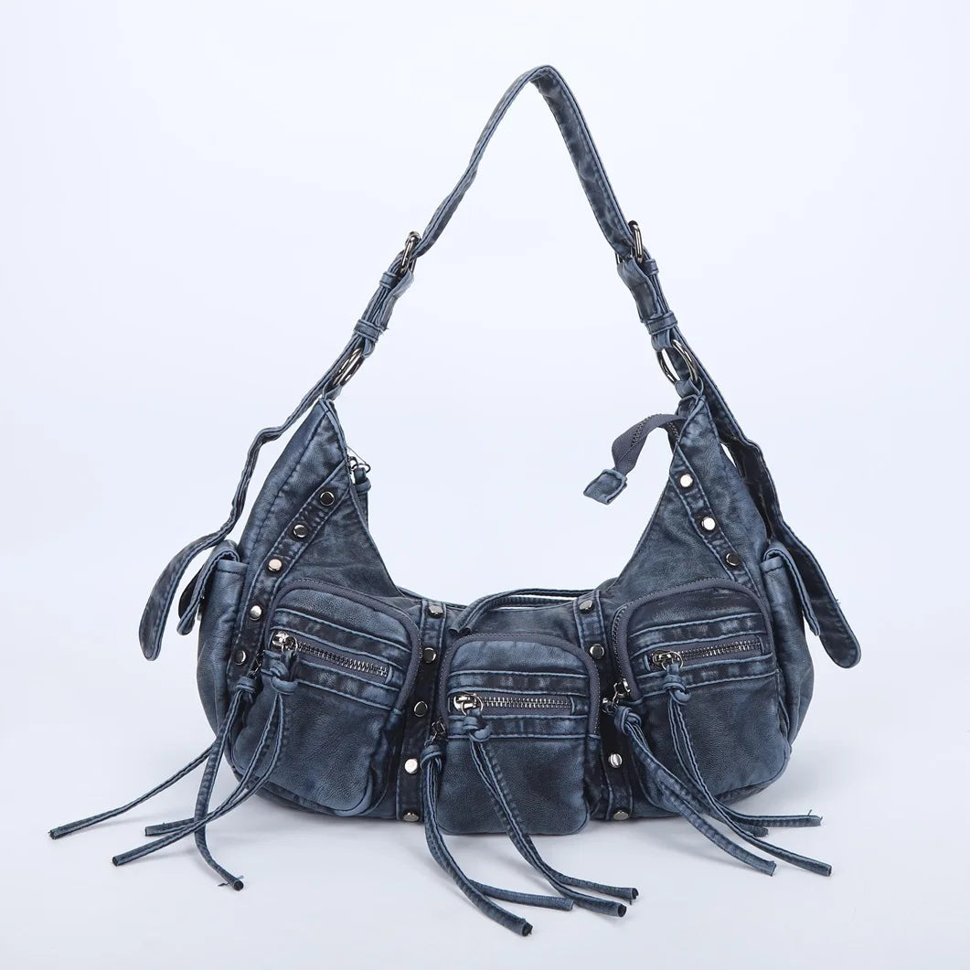 Damen-Schultertasche aus Vintage PU-Leder mit Mehrfachen Innenfächern und Quasten Alltagsbegleiter