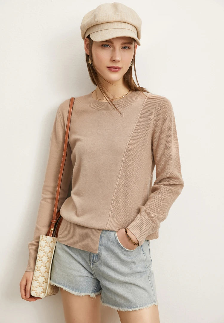 Amii Damenpullover in Sandbeige mit Rundhalsausschnitt und langen Ärmeln
