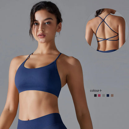 Sport-Büstenhalter mit breiten Trägern, tiefem Rückenausschnitt und Kreuzträgern, blau