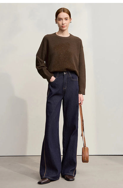 Damen-Rundhalspullover Jacquard Aushöhlung Perlenstickerei locker Winter