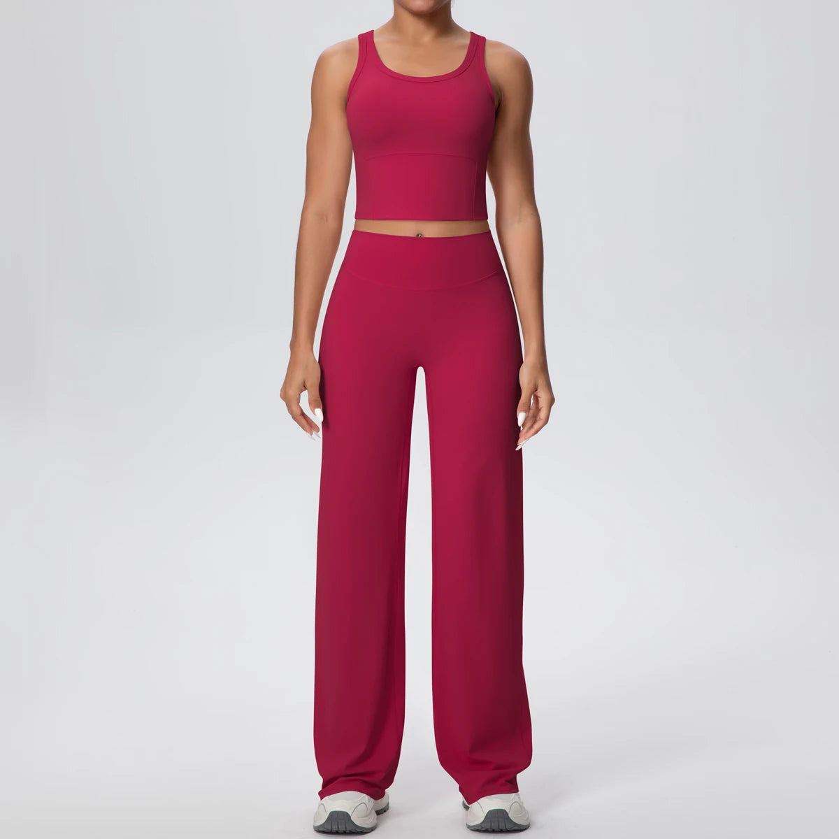 Damen-Yoga-Set aus Trägershirt und weitem Hosenbein, weinrotes Rot