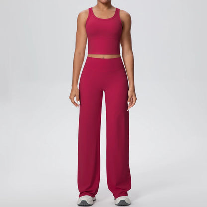 Damen-Yoga-Set aus Trägershirt und weitem Hosenbein, weinrotes Rot