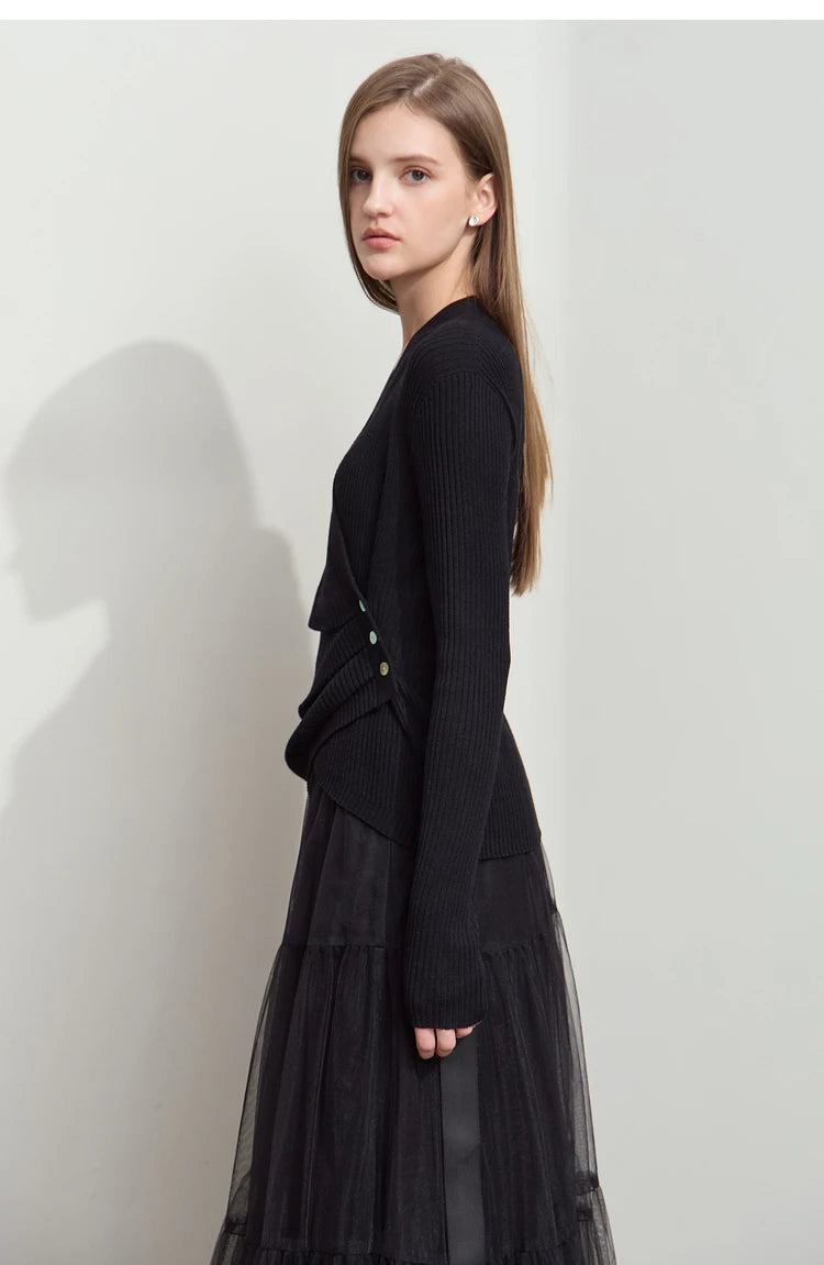 Damen V-Ausschnitt Pullover plissiert Muschelschnalle Wolle Herbst