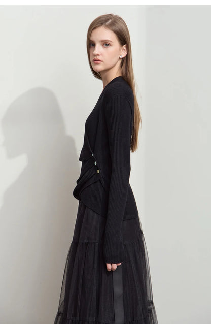 Damen V-Ausschnitt Pullover plissiert Muschelschnalle Wolle Herbst