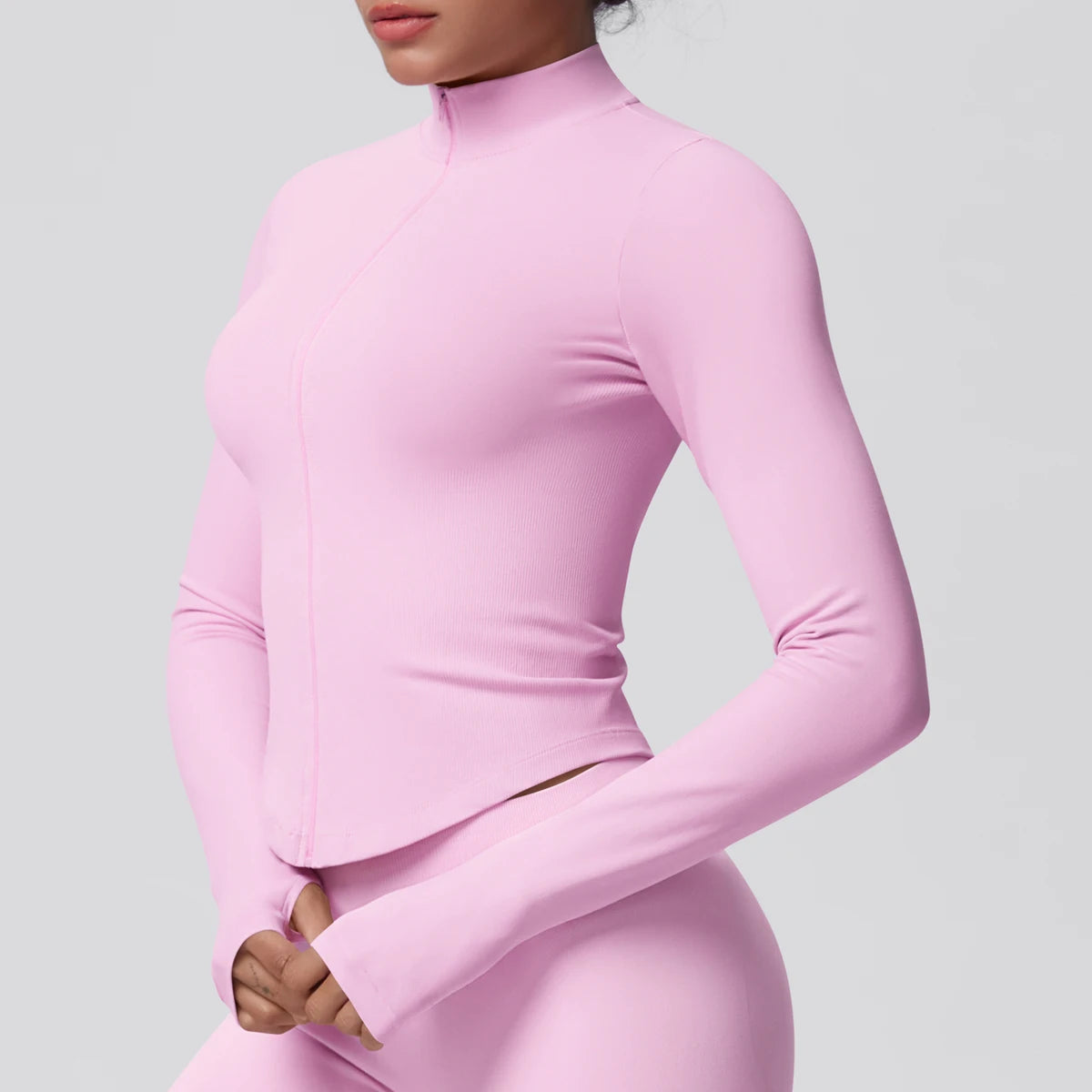 Damen Yoga-Jacke in Pastellrosa, figurbetont, mit langem Arm und seitlicher Naht