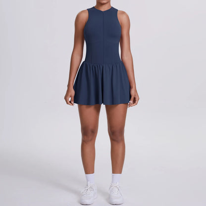 Yoga-Overall mit Tasche, ärmellos, navy, Vorderansicht mit gerüschtem Rocksaum