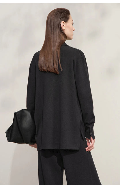 Damen-Strickjacke lang Seide-Wolle Umlegekragen locker Herbst