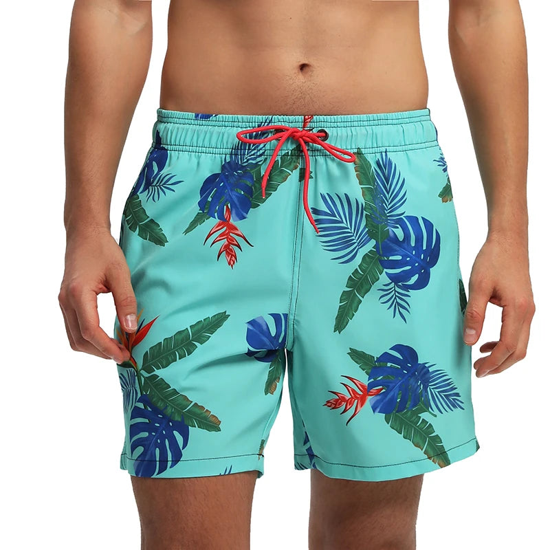 Herren-Badeshorts mit niedrigem Bund, türkisfarbenem Blattprint und Kordelzug