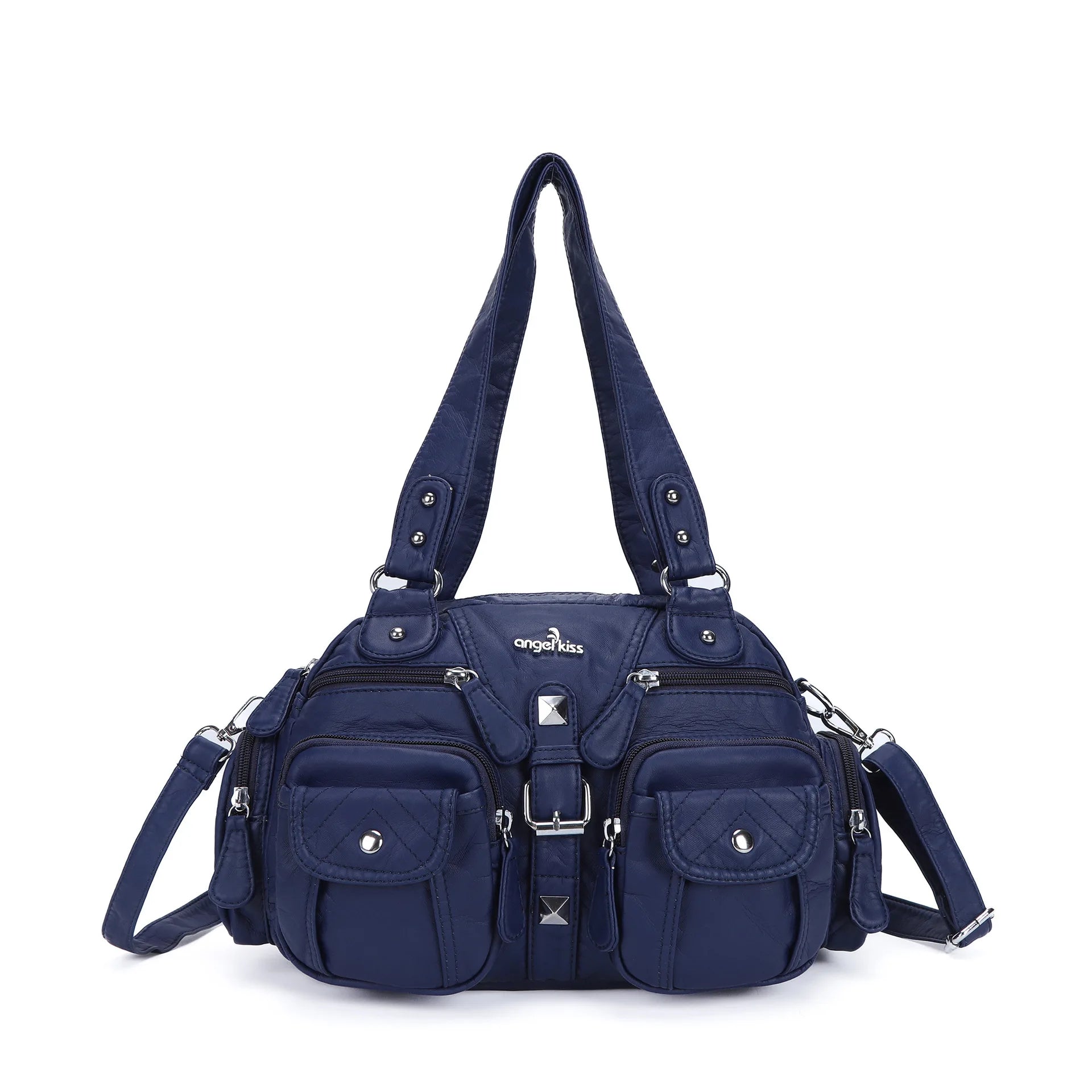 Damen-Handtasche Vintage Satchel in Dunkelblau, Top-Griffe, Schultergurt, mehrere Fronttaschen.