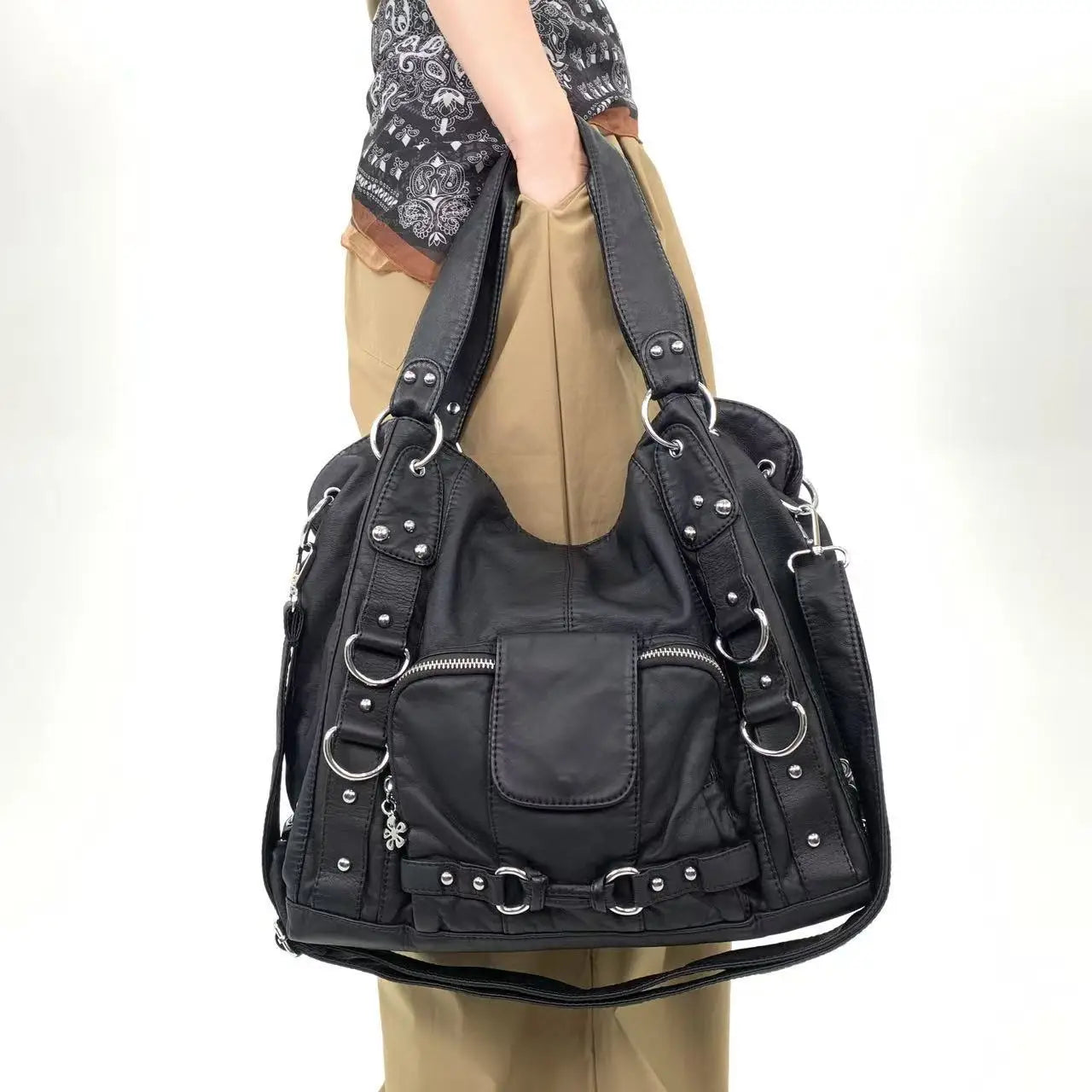 Damen-Vintage-Schultertasche Große Schwarze Mit Top-Griff Und Mehreren Fächern Für Viel Stauraum