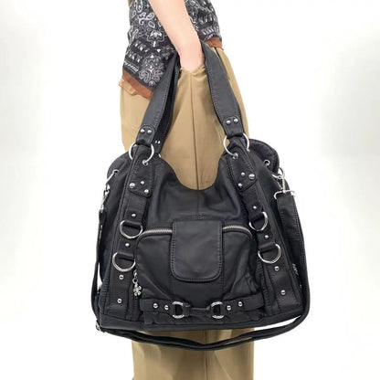 Damen-Vintage-Schultertasche Große Schwarze Mit Top-Griff Und Mehreren Fächern Für Viel Stauraum