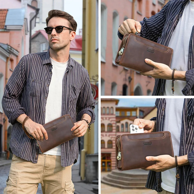 Braune Herren-Clutch aus Leder mit Trageschlaufe und Logo am Frontstreifen