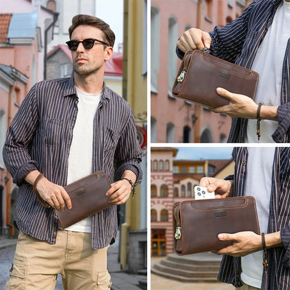 Braune Herren-Clutch aus Leder mit Trageschlaufe und Logo am Frontstreifen