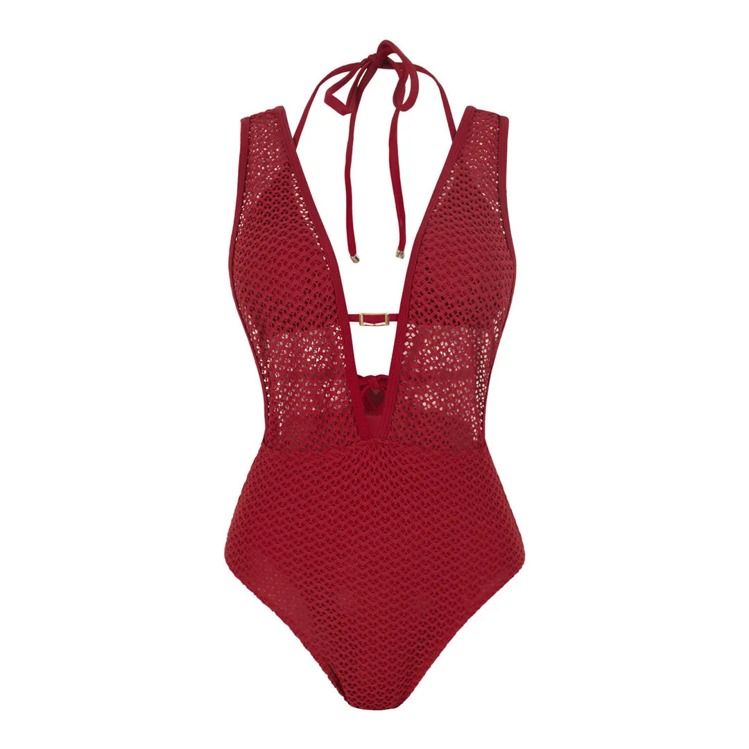 Damen-Badeanzug V-Ausschnitt Netzstrick rückenfrei Monokini Weste